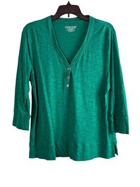 Chicos Womens Shirt Adult Size 2=Large Green V Neck Button 3/4 Sleeve Casual